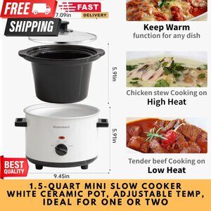 1.5-Quart Mini Slow Cooker – White Ceramic Pot, Adjustable Temp, Ideal for One o